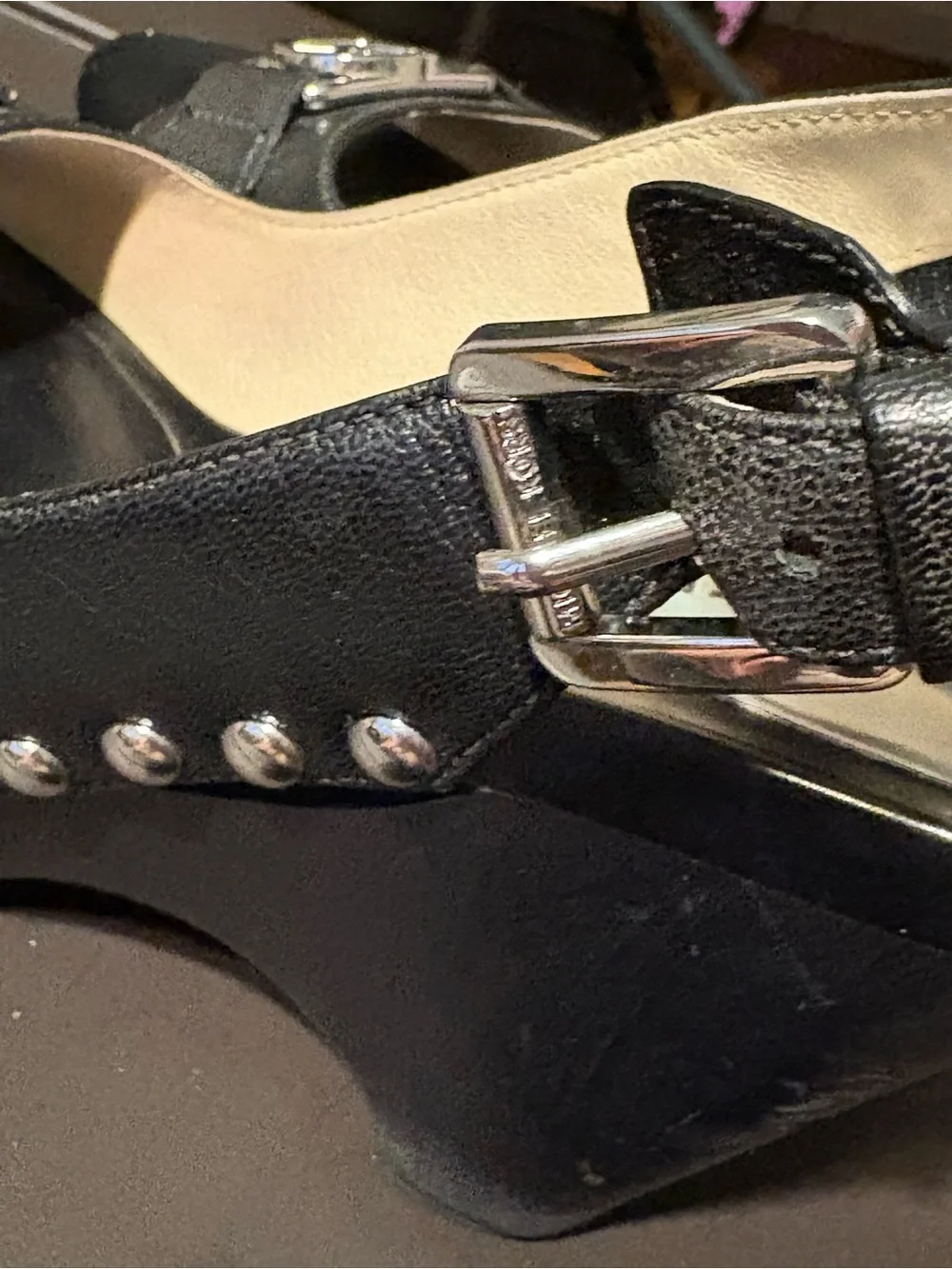 MICHAEL Michael Kors Black Leather Studded Wedge Sandals with Silver MK Logo